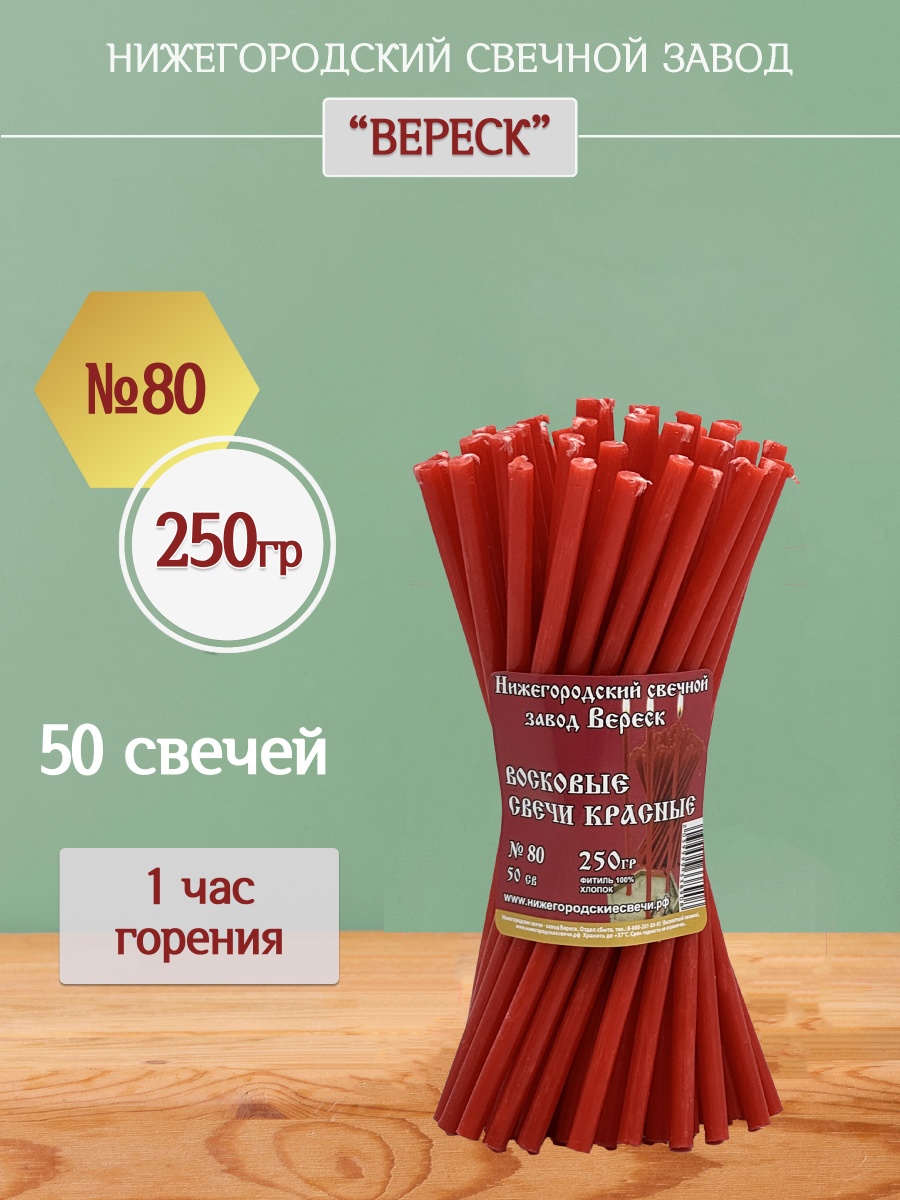 Восковые свечи Красные 50 шт. № 80, 250гр.