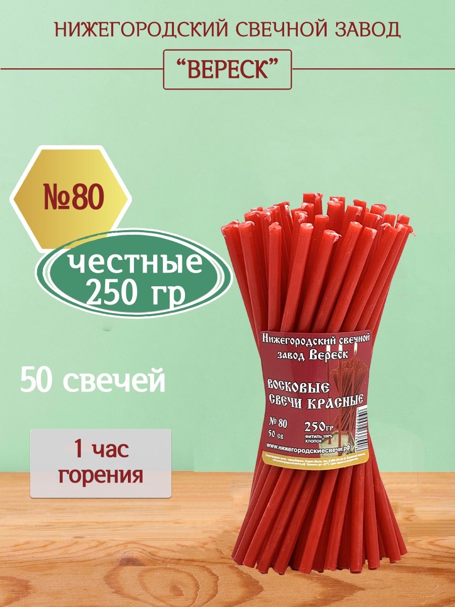 Восковые свечи Красные 50 шт. № 80, 250гр.