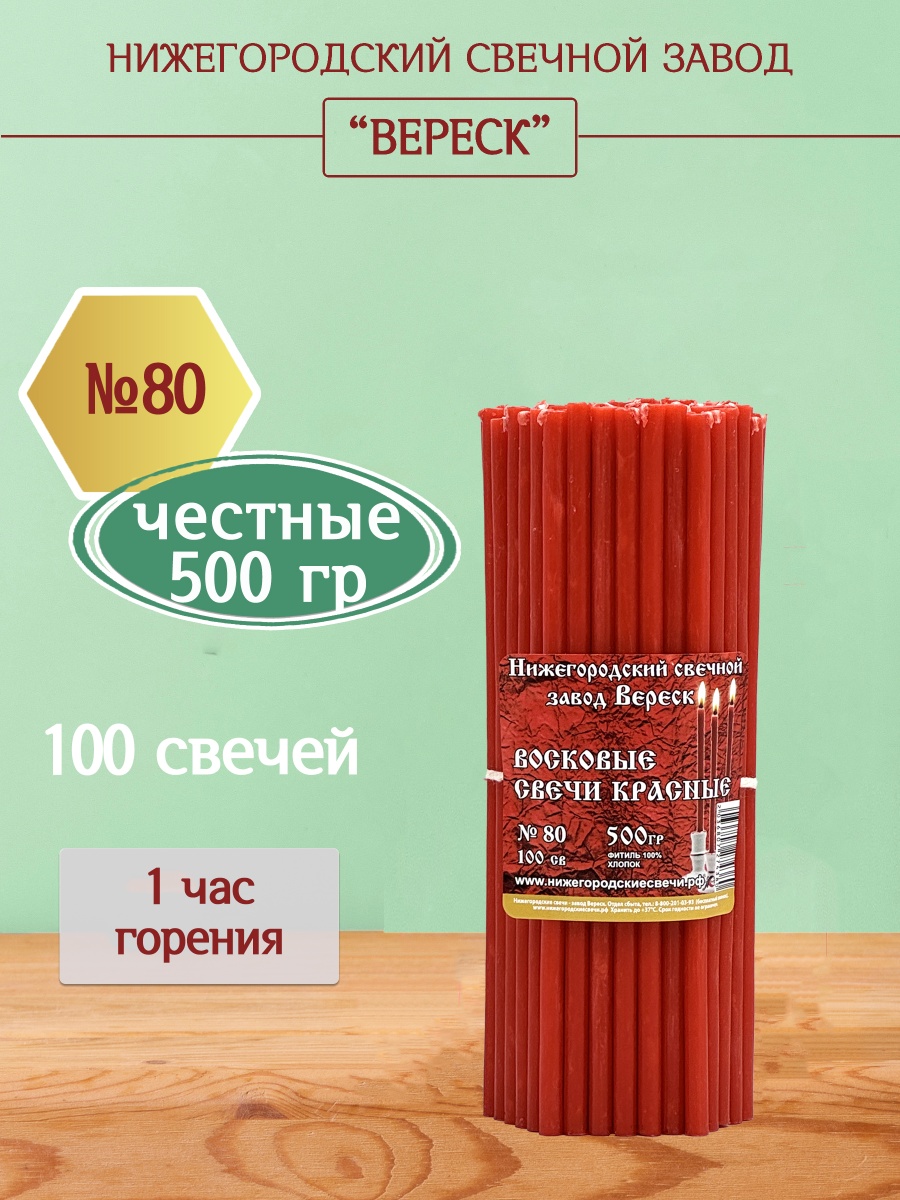 Восковые свечи Красные 100 шт. №80, 500 гр.